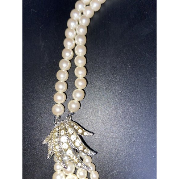 Art Deco Style multi Strand Faux Pearl And Rhinestone Wedding Necklace - Picture 2 of 8